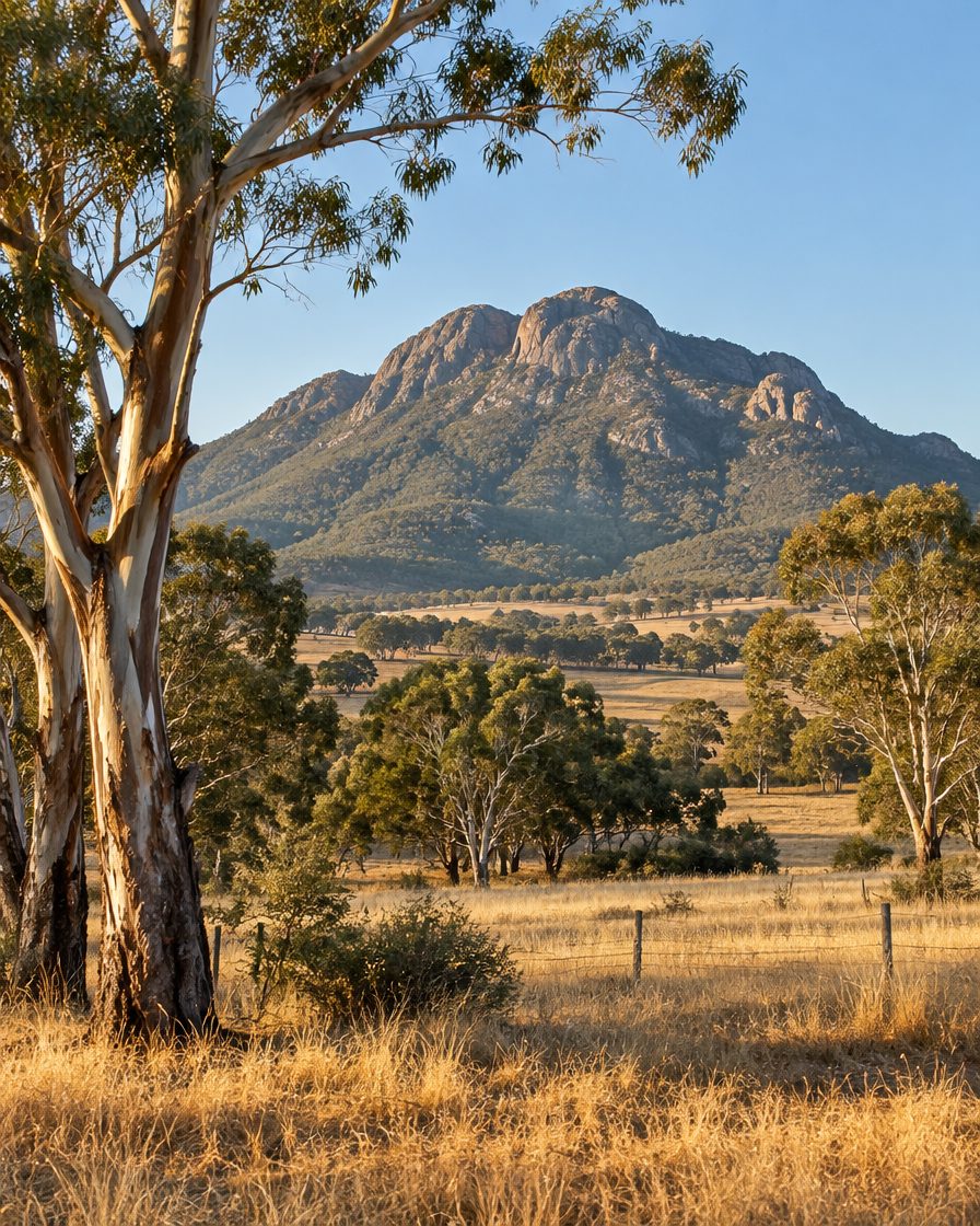 Langi Ghiran's granite peak rising above woodland and golden grassland
