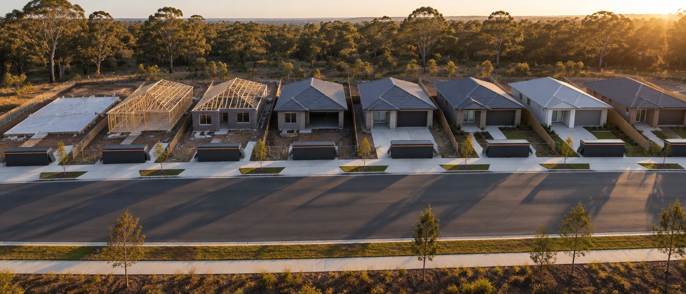 Aerial view of a new estate with one BuildBin station in front of every lot