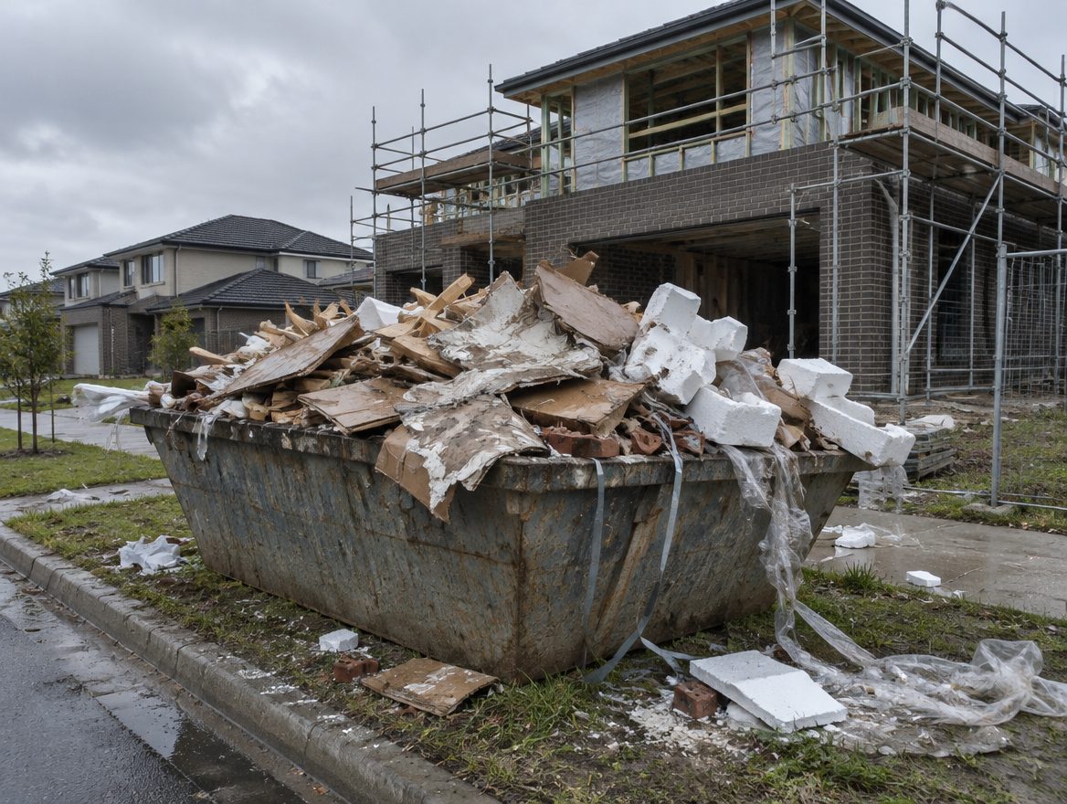An overflowing mixed skip outside a new house under construction