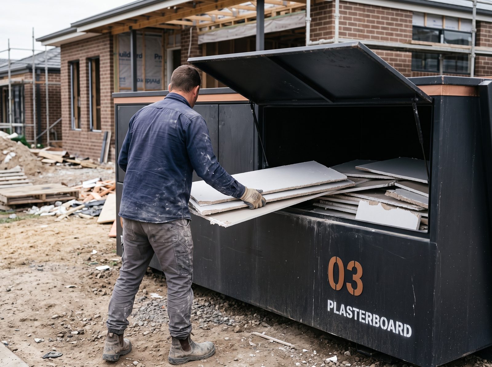 A plasterer sliding offcuts into bay 03 of the station