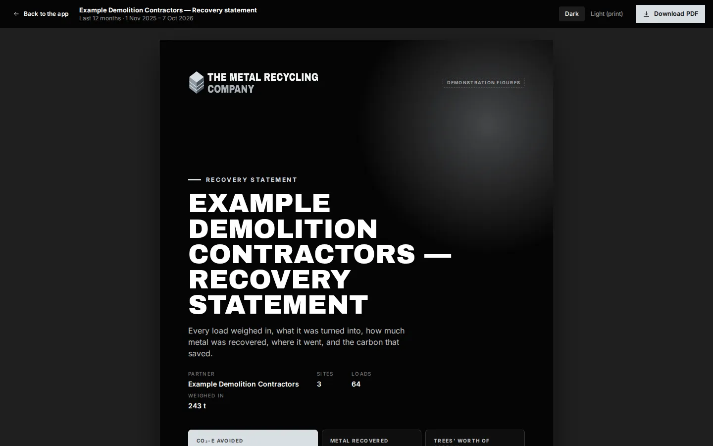 A recovery statement from Recycled Connect (demonstration figures)