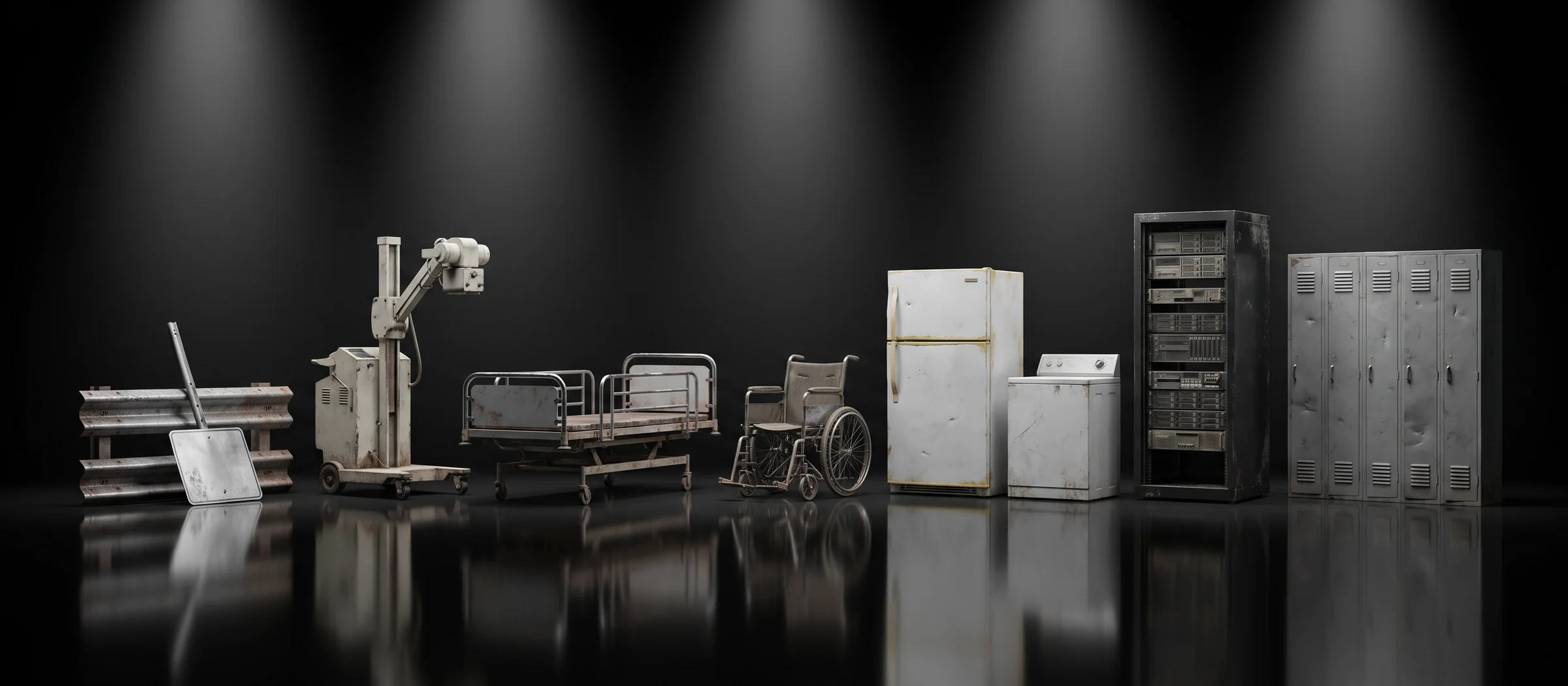 Equipment we collect: road guardrail and a sign, a mobile X-ray machine, a hospital bed, a wheelchair, a fridge and washing machine, a server rack and a bank of steel lockers