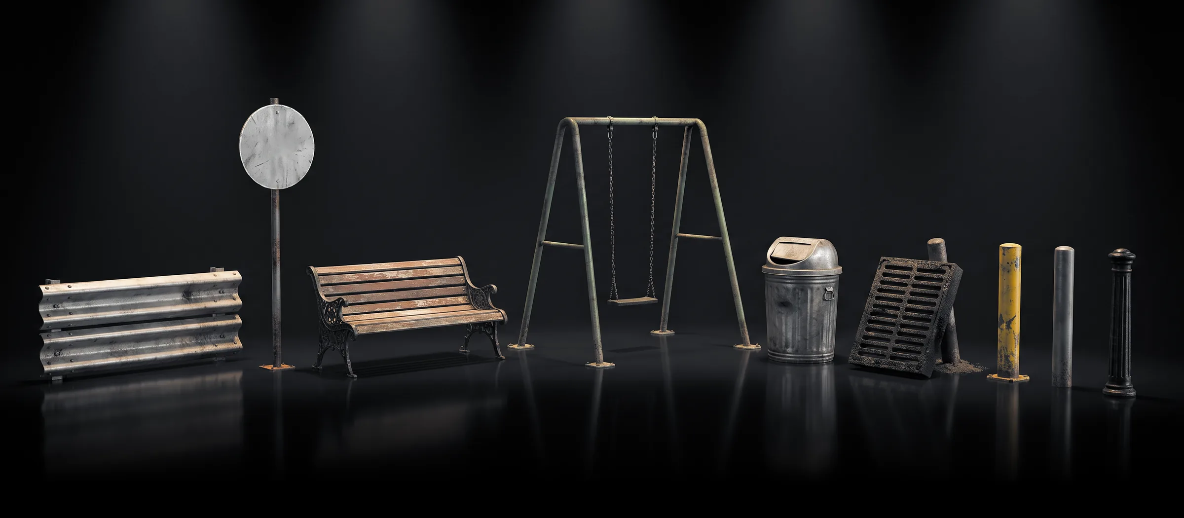 Council and road items we collect: steel guardrail, a street sign, a park bench, a playground swing, a litter bin, a drainage grate and bollards