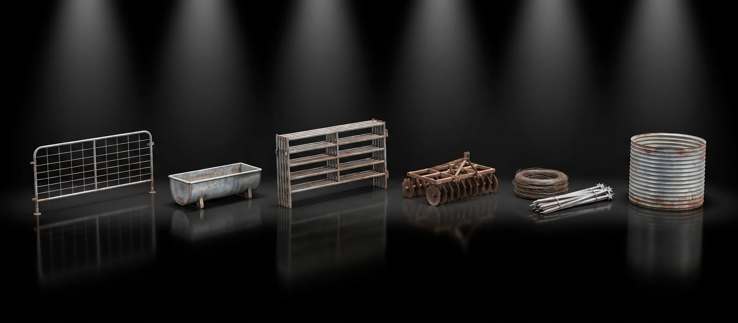 Farm items we collect: a steel gate, a water trough, cattle yard panels, a disc harrow, fencing wire and star pickets, and a corrugated water tank