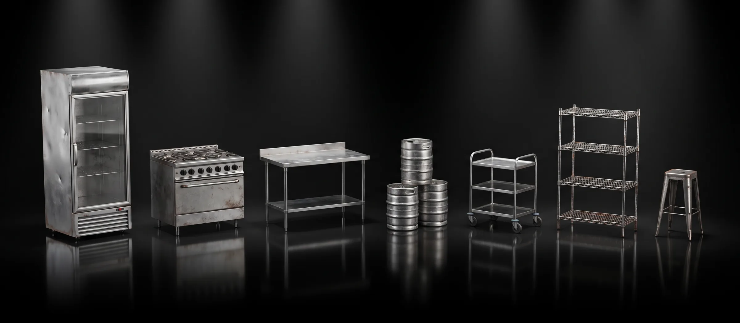 Hospitality items we collect: a display fridge, a commercial oven, a stainless bench, beer kegs, a trolley, wire shelving and a bar stool