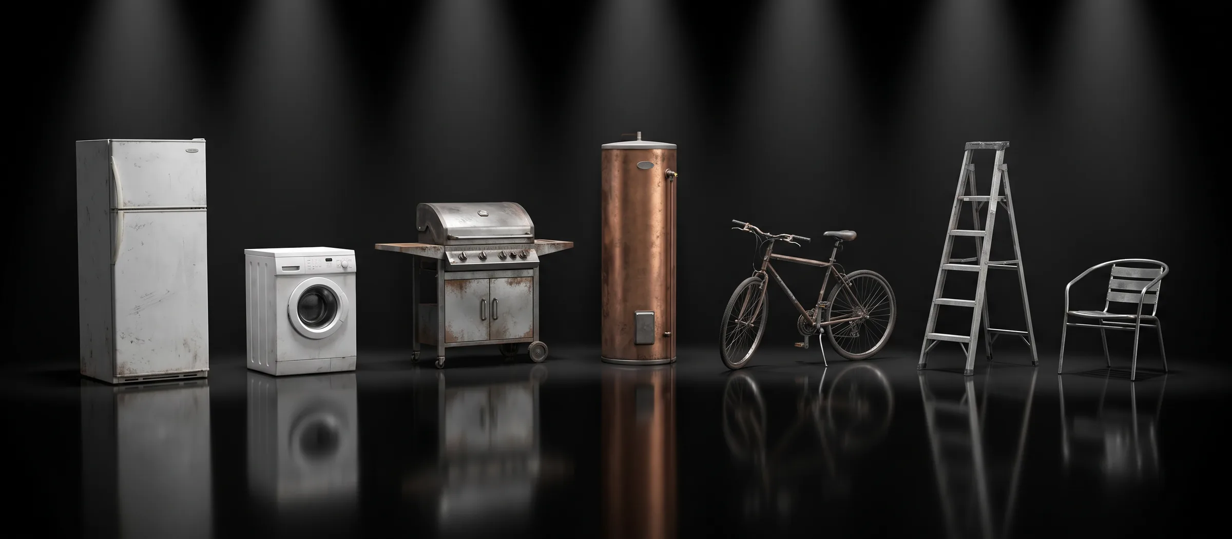 Household items we collect: a fridge, a washing machine, a BBQ, a hot water system, a bicycle, a ladder and an outdoor chair