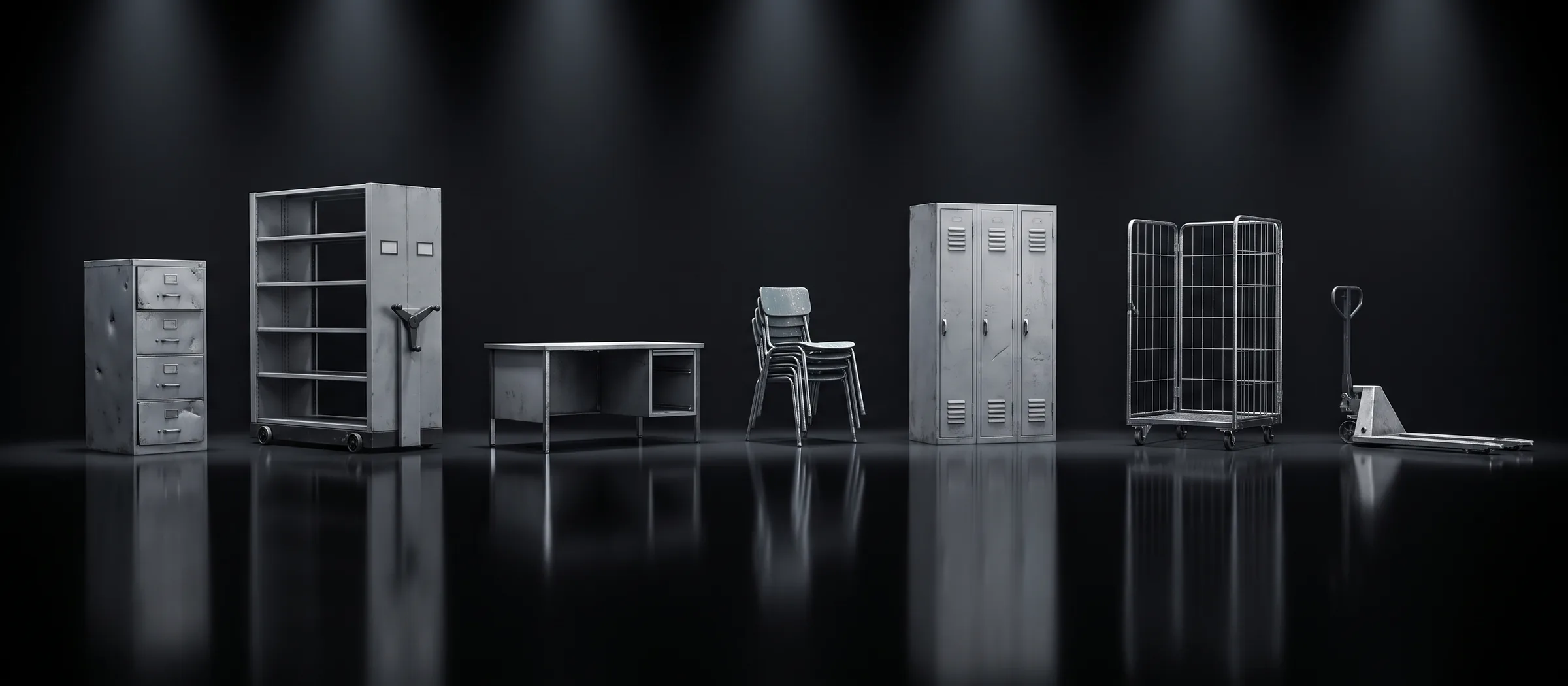 Office, school and warehouse items we collect: a filing cabinet, mobile shelving, a steel desk, stacked chairs, lockers, a roll cage and a pallet jack