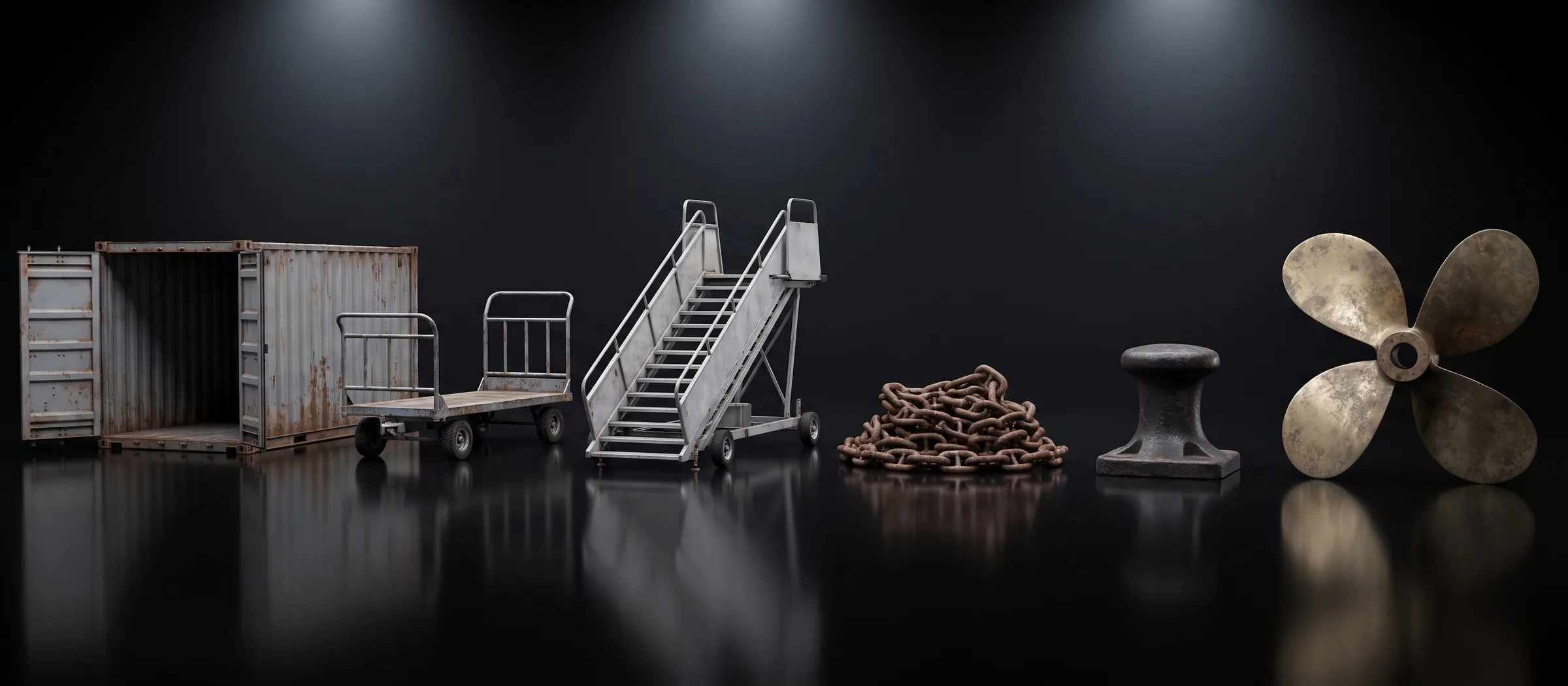 Airport and port items we collect: a shipping container, a baggage trolley, aircraft stairs, anchor chain, a mooring bollard and a ship propeller