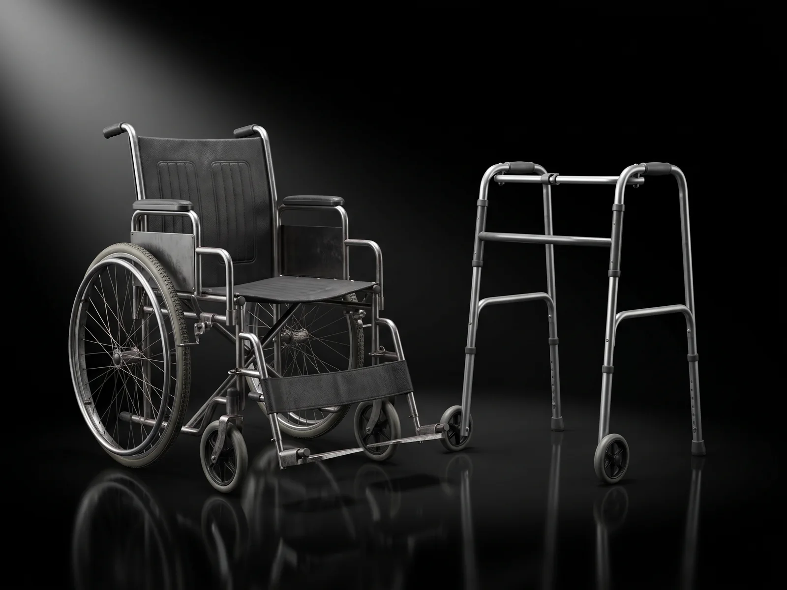 A wheelchair and a walker, rendered