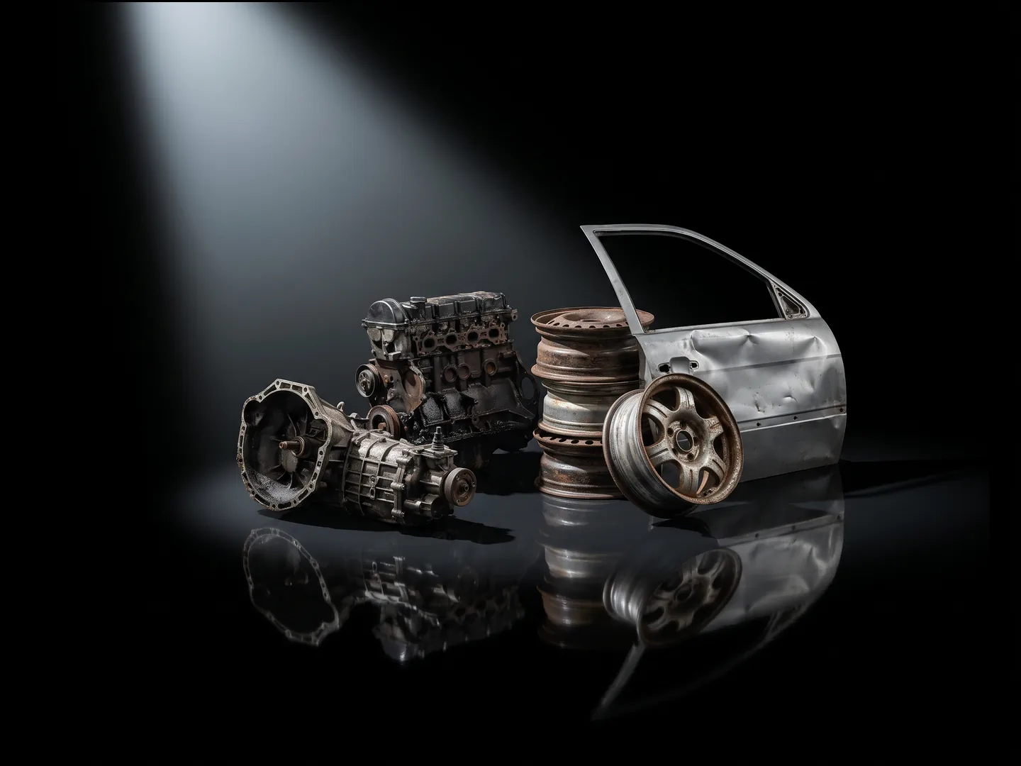 An engine block, a gearbox, wheel rims and a car door