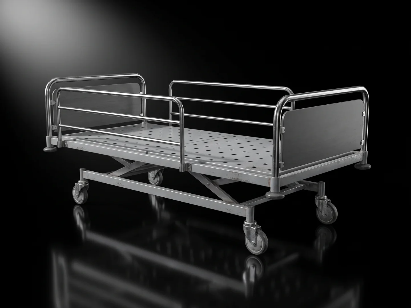 A hospital bed frame, rendered