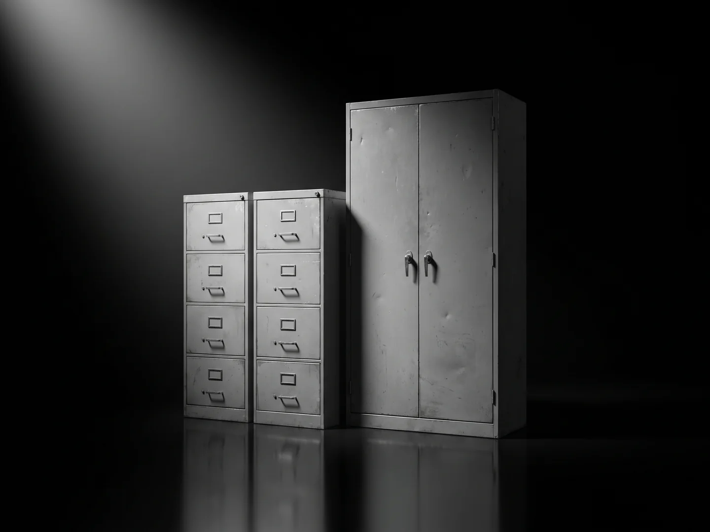 Steel filing cabinets and a locker, rendered