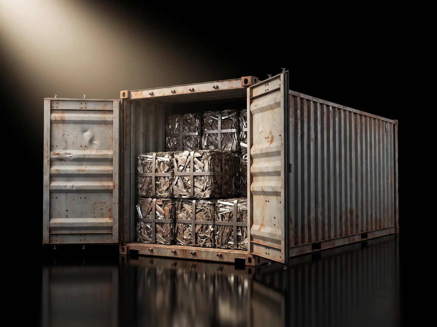 Shipping container packed with steel bales