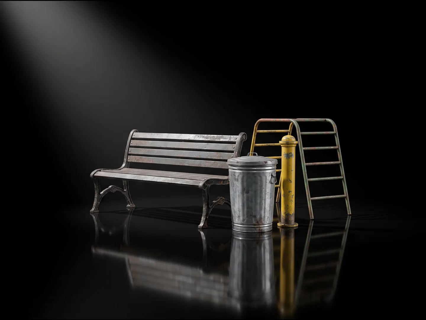 A steel park bench, a litter bin, a bollard and a playground frame