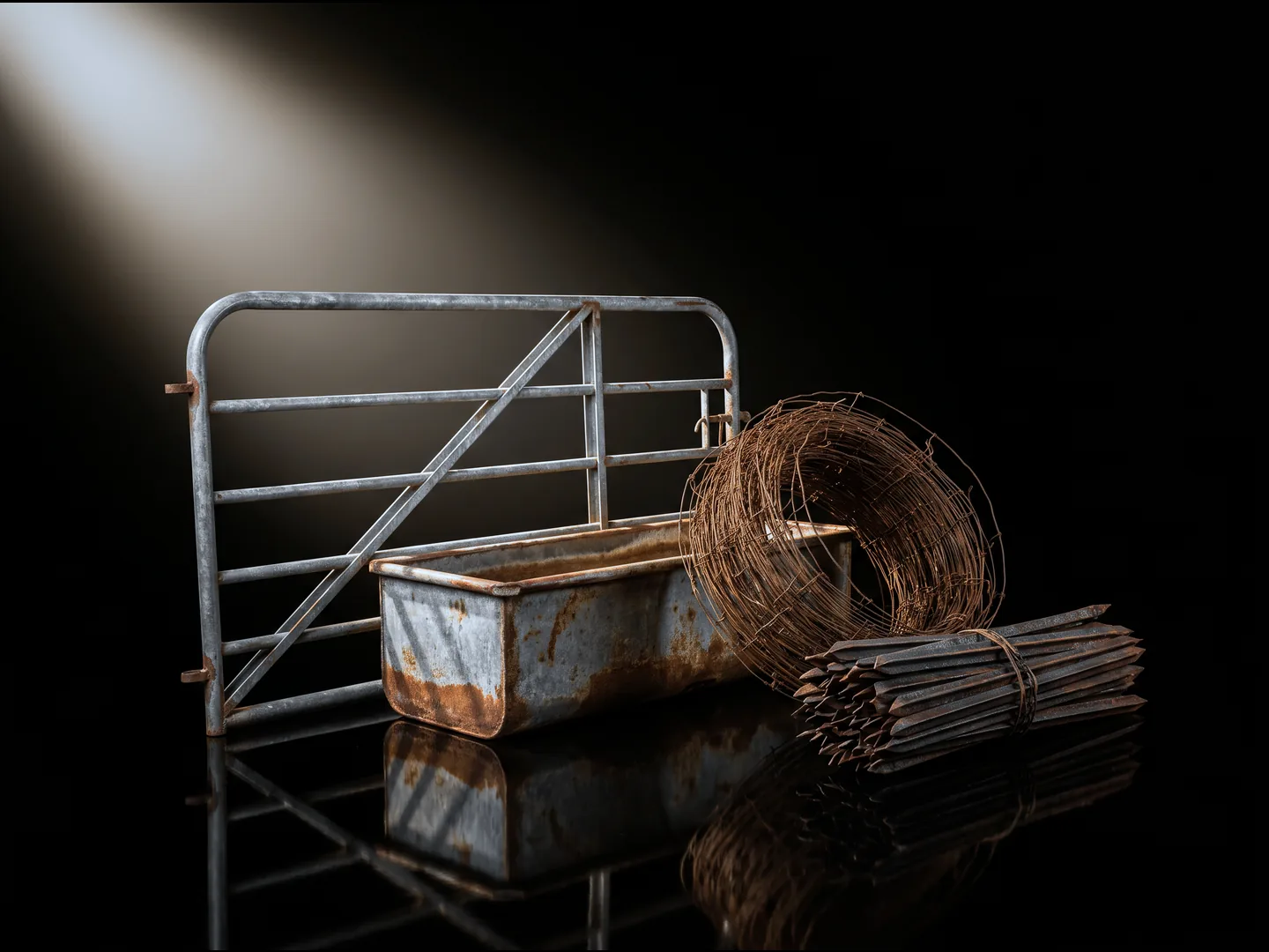 A steel farm gate, a water trough, fencing wire and star pickets
