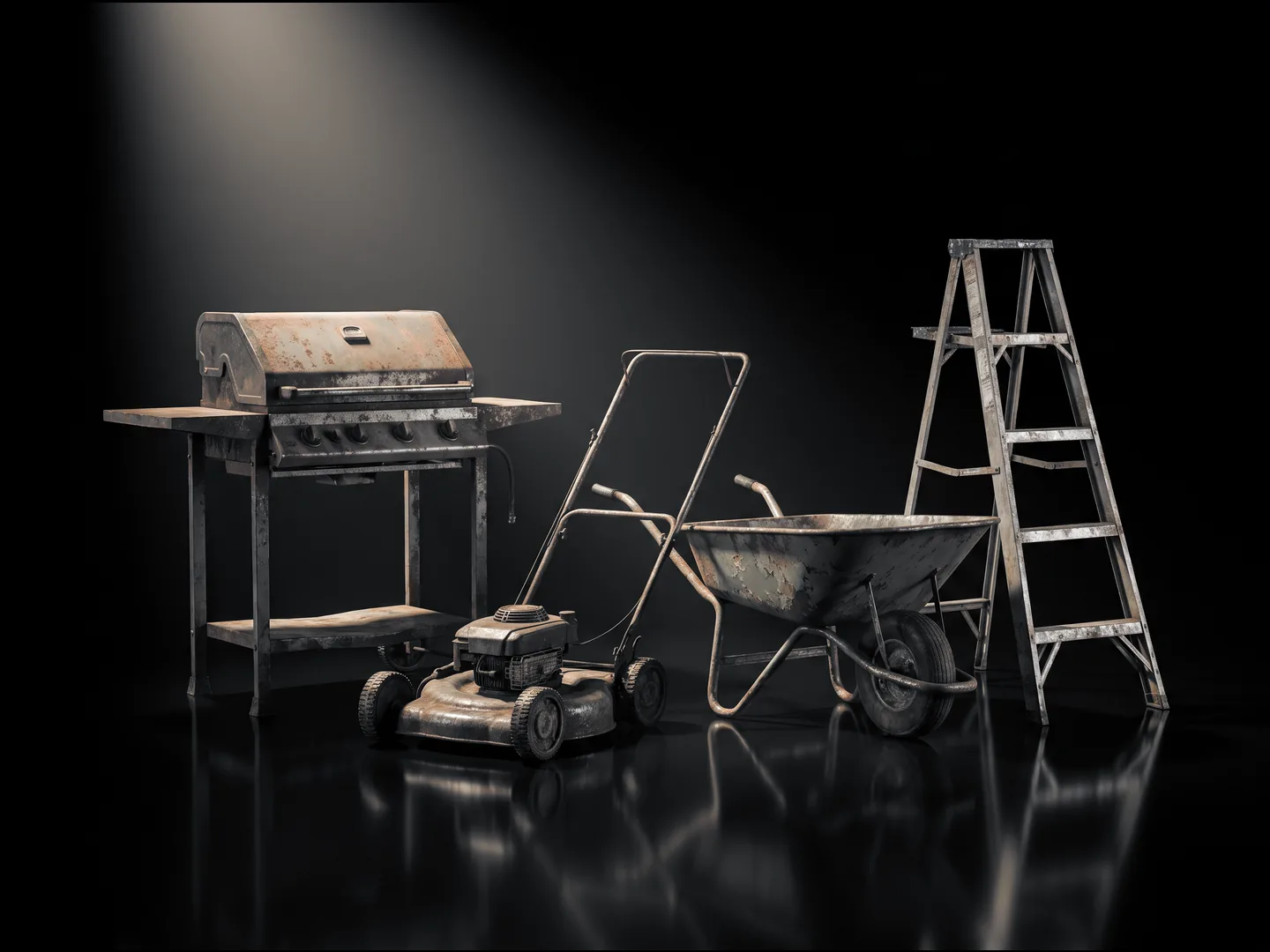 An old barbecue, a lawn mower, a wheelbarrow and a ladder