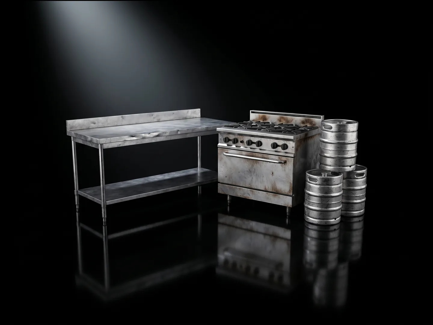 A stainless kitchen bench, a commercial oven and beer kegs