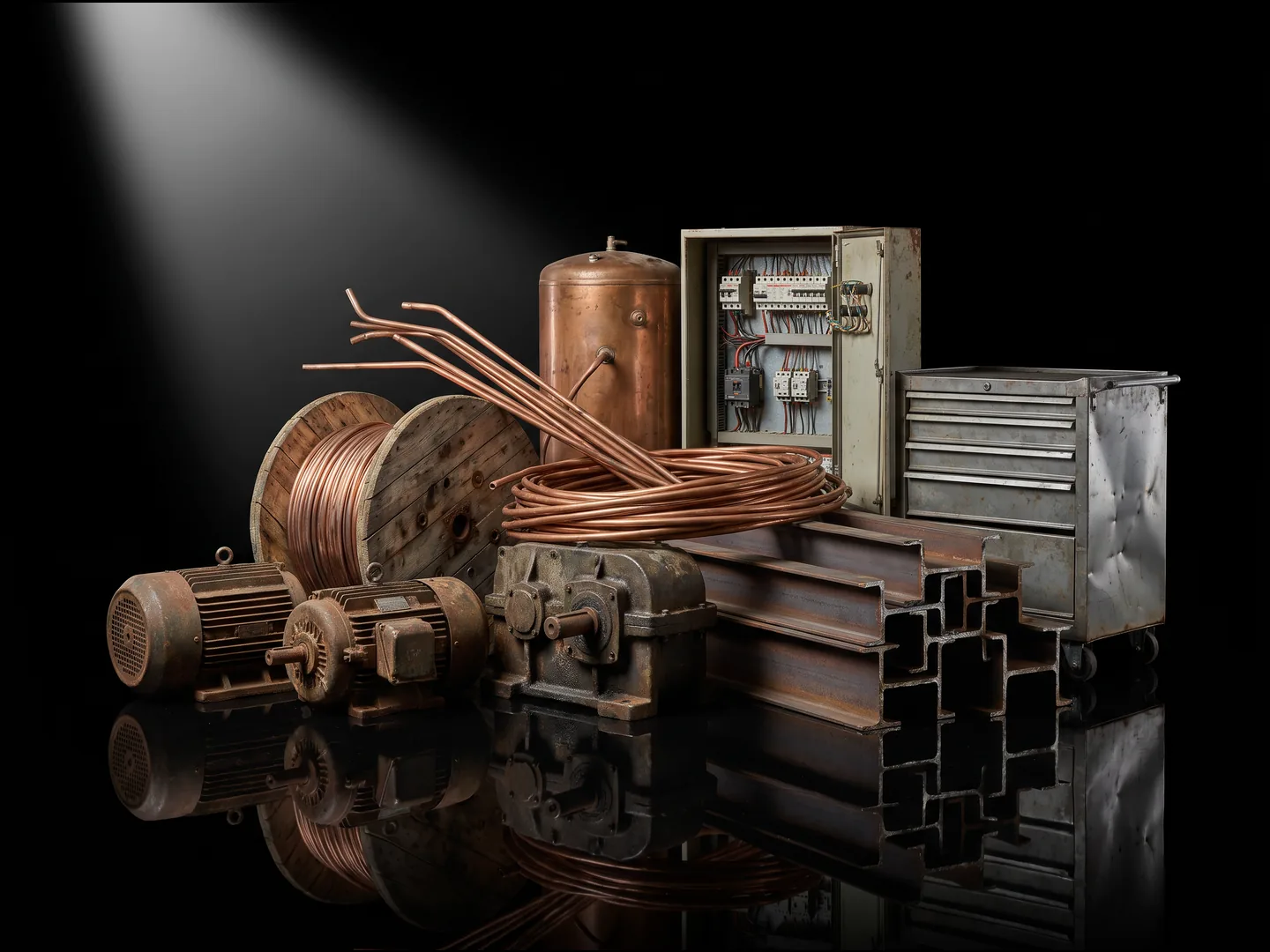 Electric motors, a gearbox, a copper cable drum, copper pipe, a hot water cylinder, a switchboard, steel beams and a tool cabinet