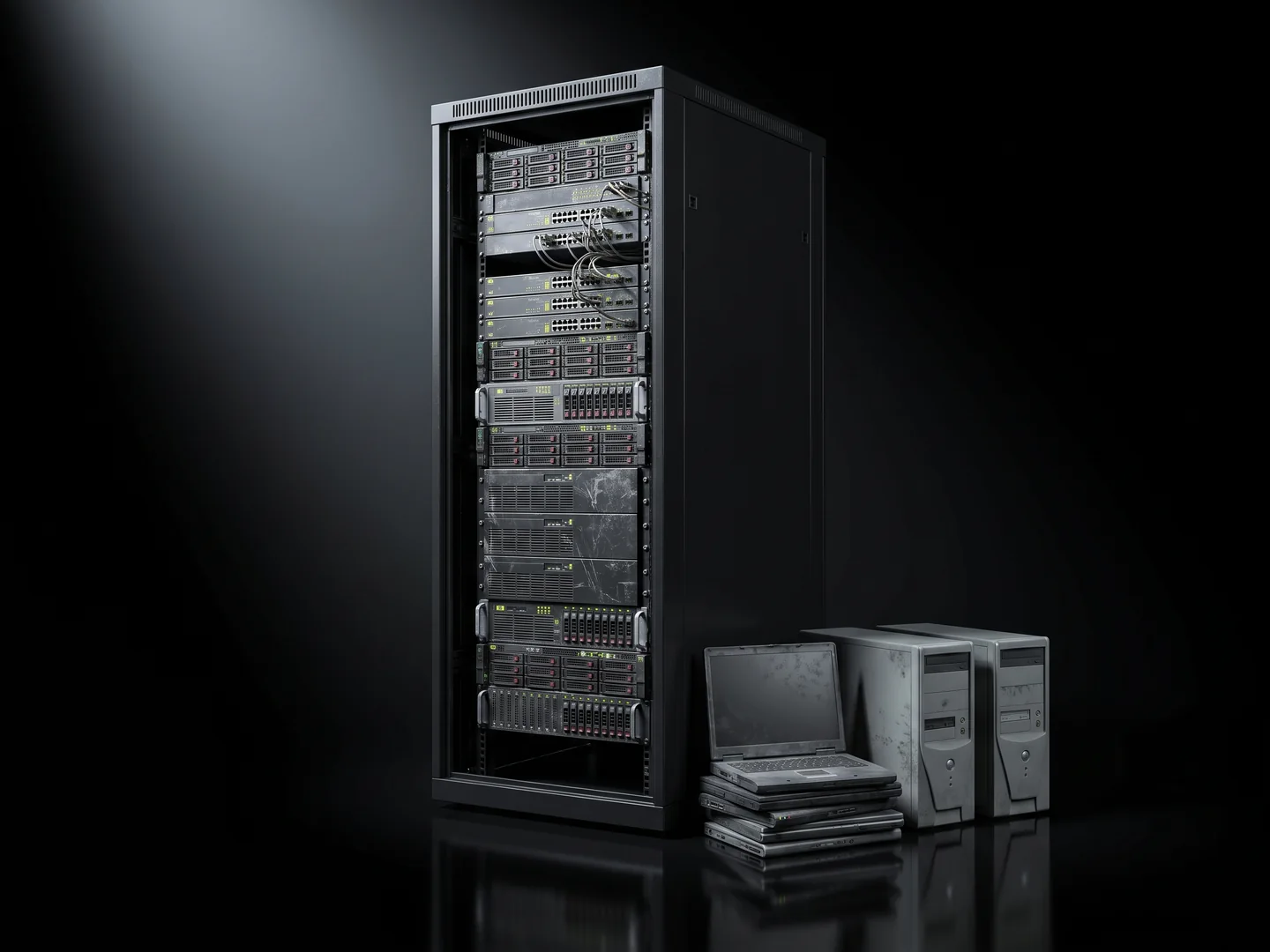 A server rack with stacks of laptops and computer towers