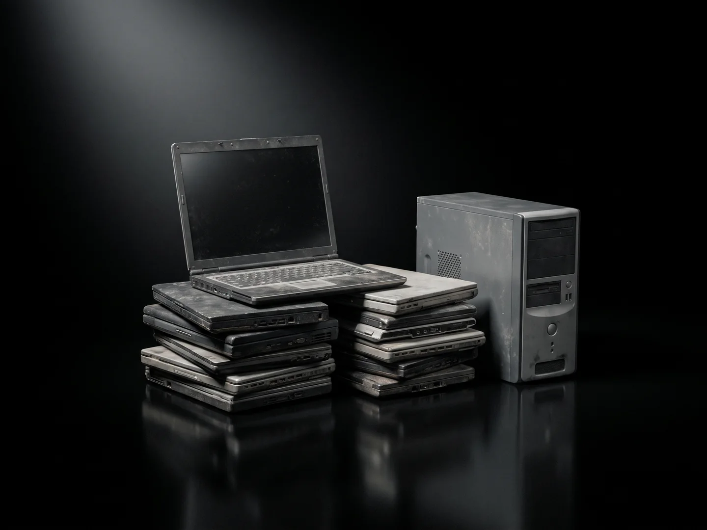 Stacks of old laptops and computer towers, rendered