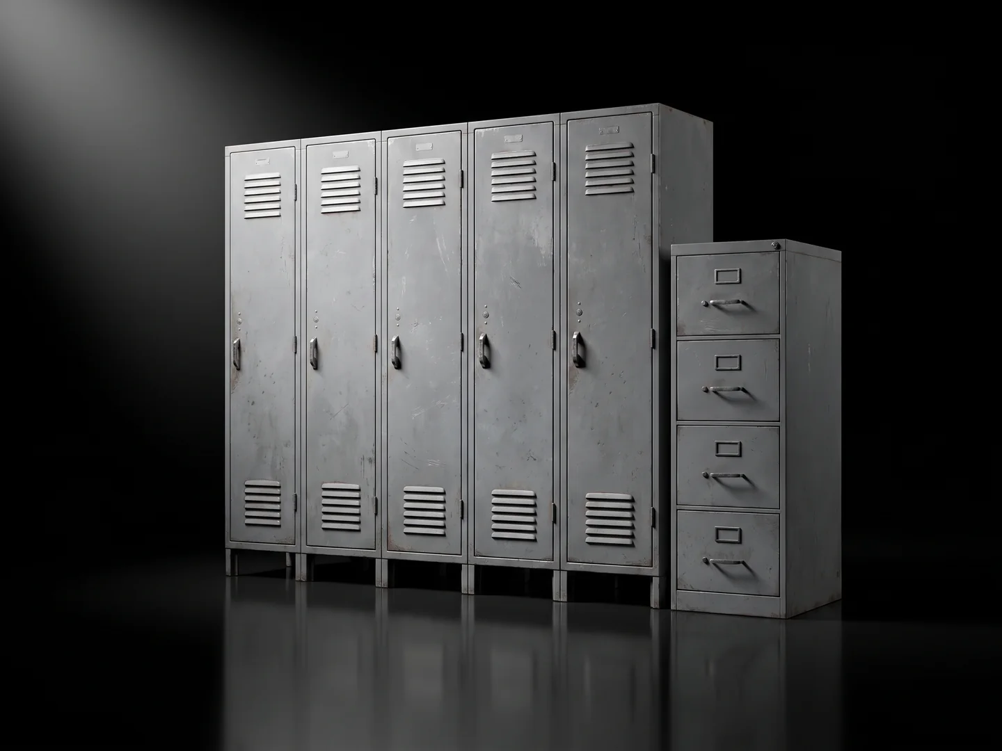 A bank of steel lockers and a filing cabinet