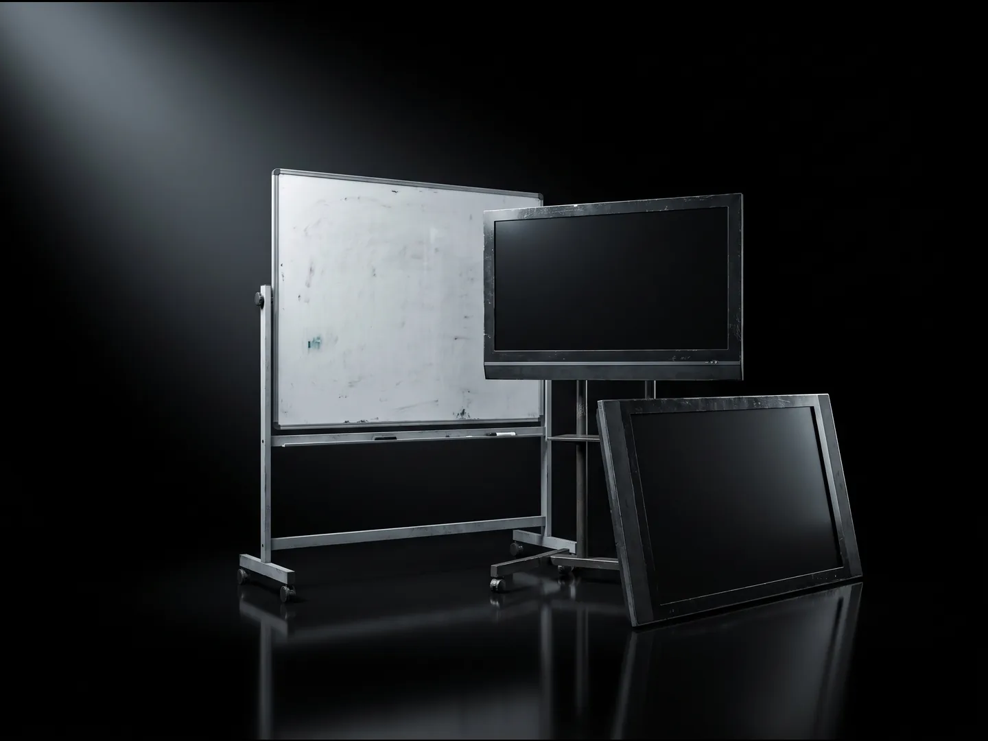A mobile whiteboard and large flat-screen TVs on steel stands