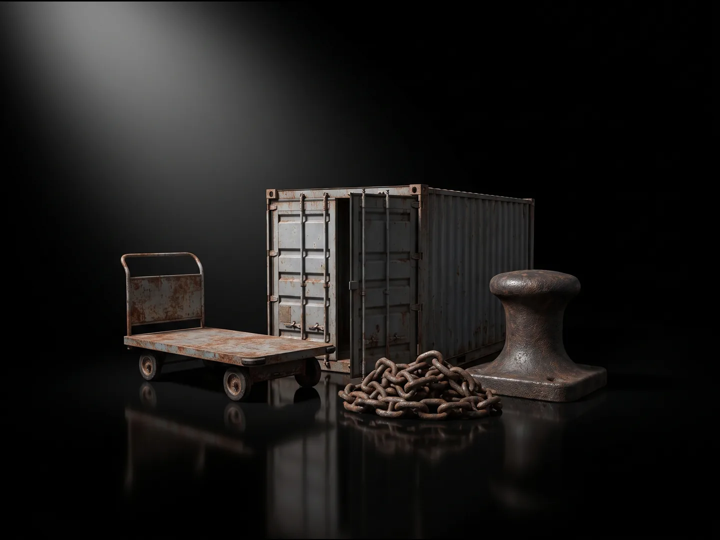 A shipping container, a baggage trolley, anchor chain and a mooring bollard