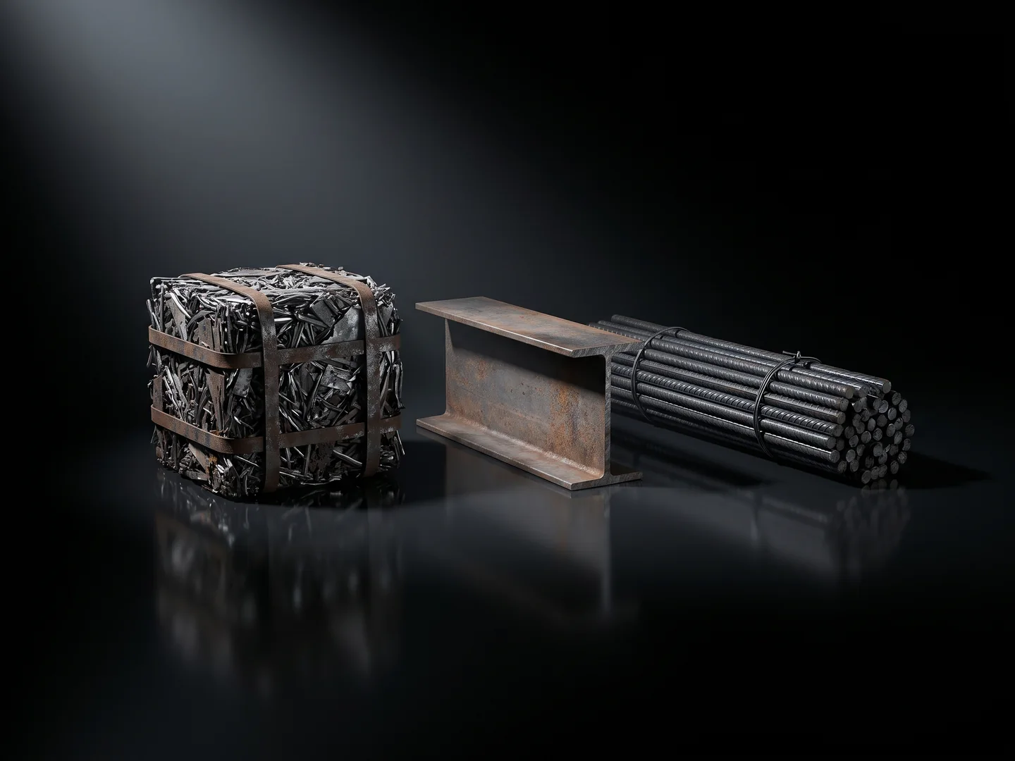 A bale of processed scrap beside an I-beam and a bundle of reinforcing bar