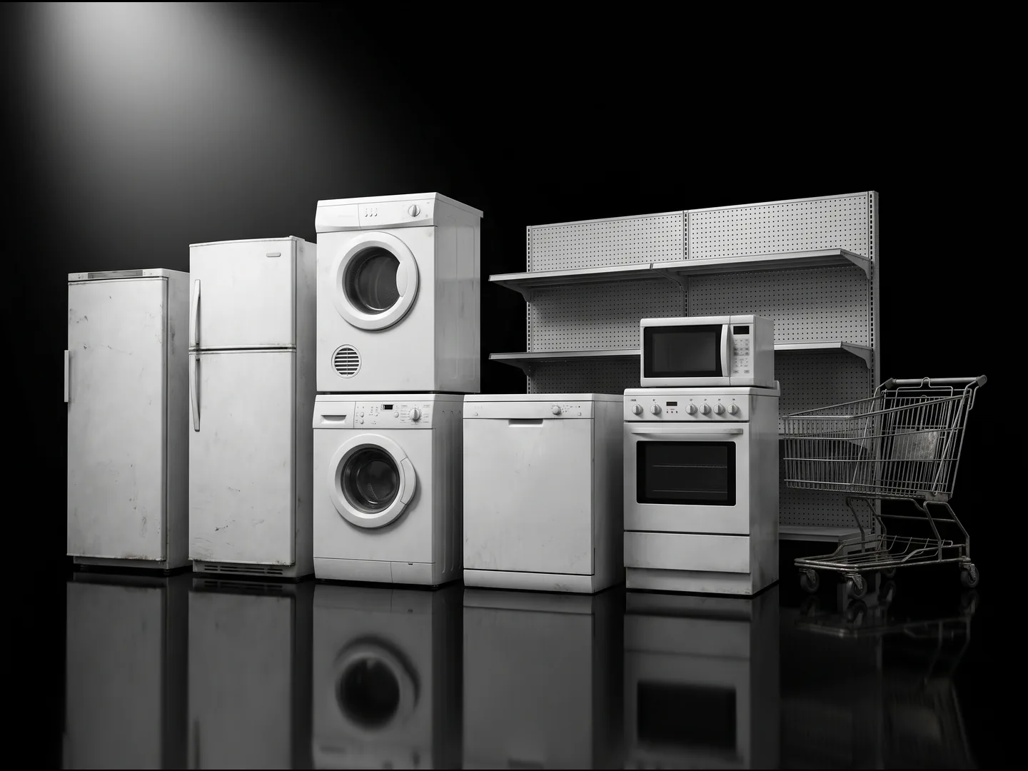 Old fridges, a washer and dryer, a dishwasher, an oven, retail shelving and a shopping trolley