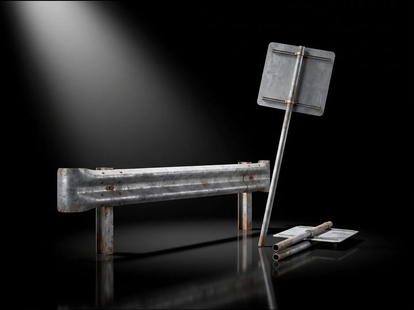 A section of steel guardrail, a blank road sign and sign posts