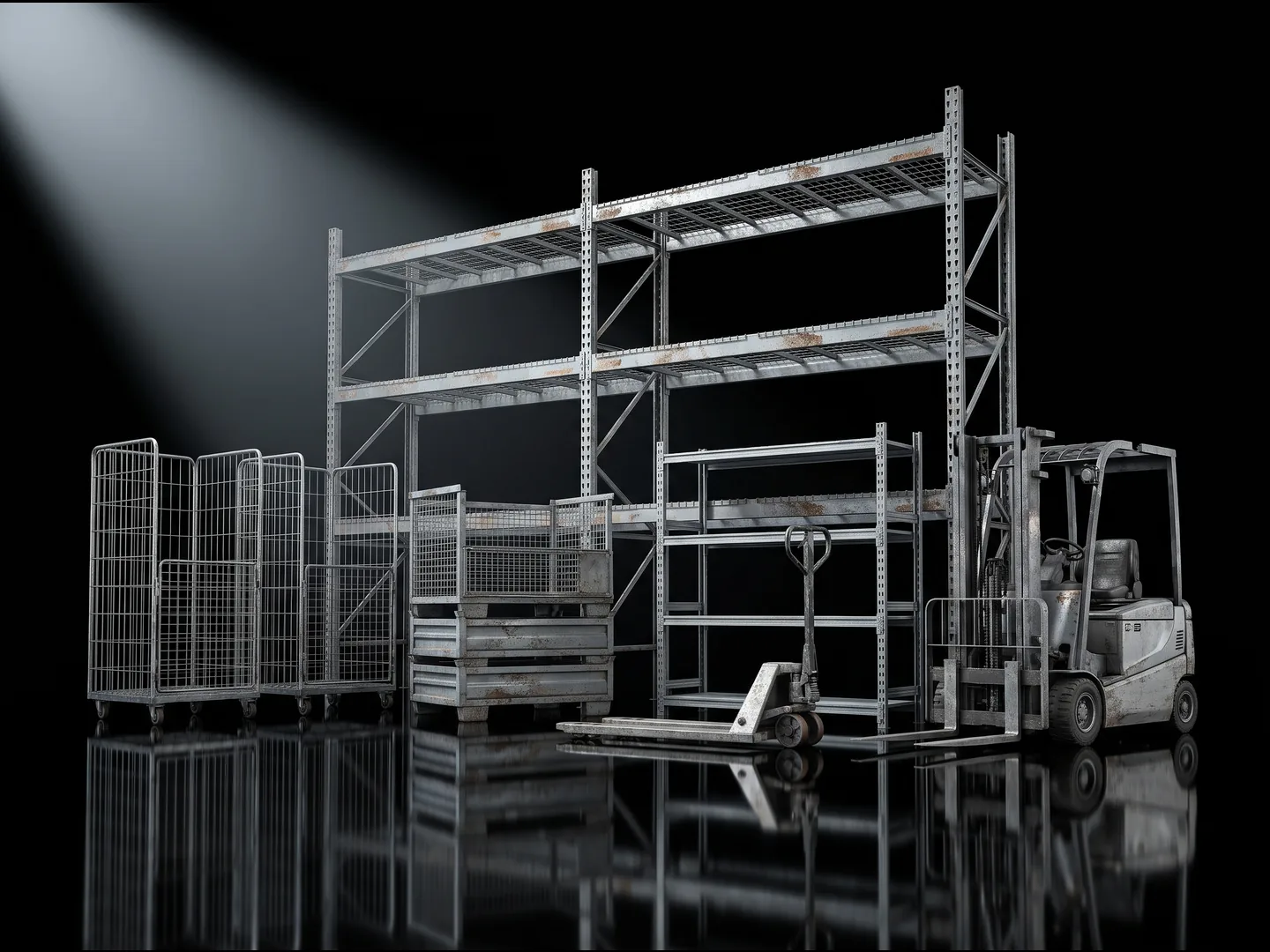 Pallet racking, roll cages, steel stillages, a pallet jack and a forklift