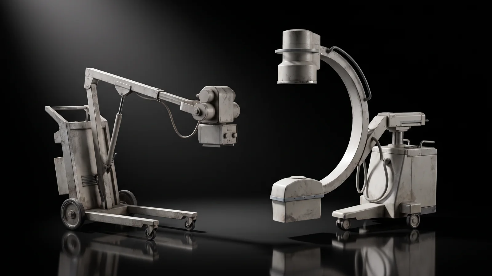 A retired mobile X-ray machine and a C-arm imaging unit
