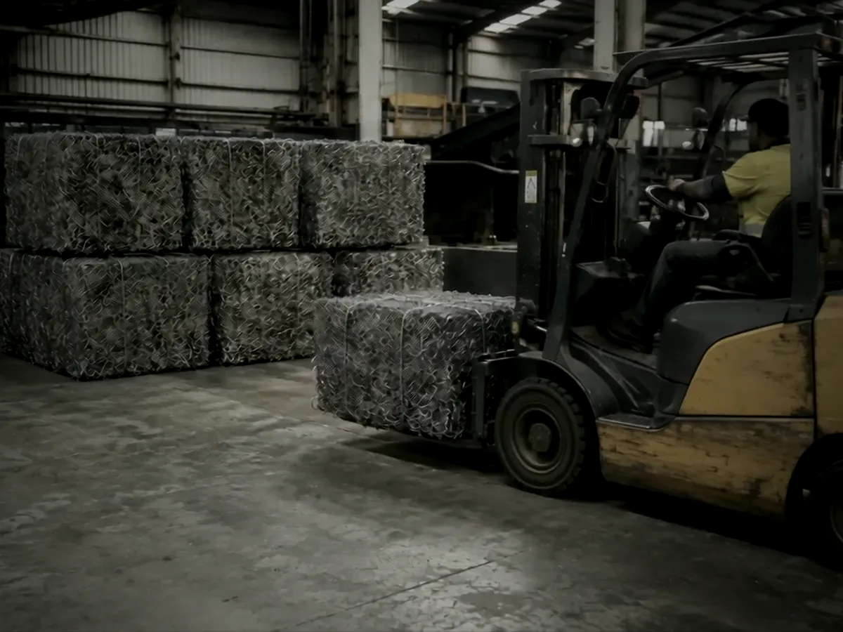Forklift moving steel bales