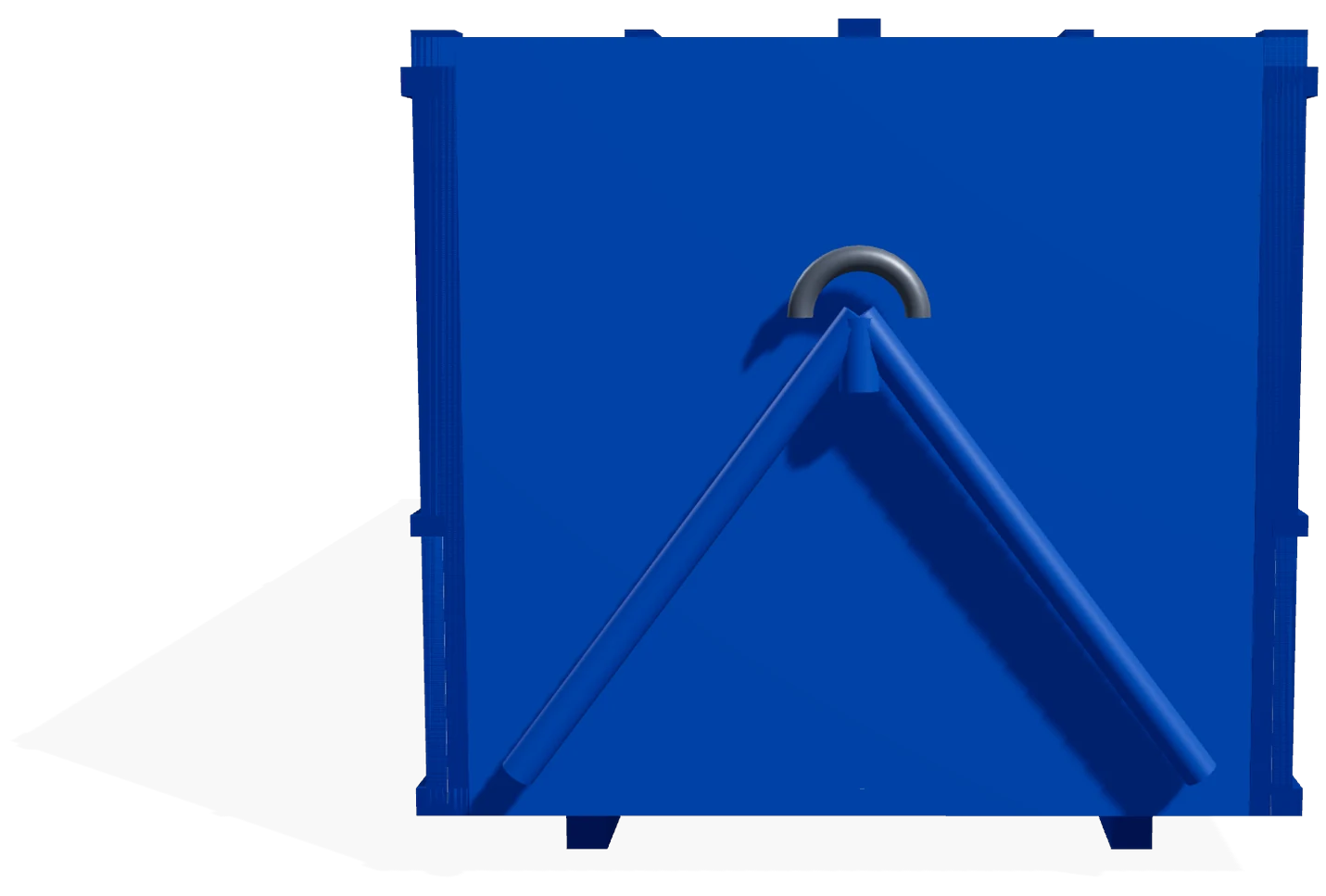 Front of the bin showing the A-frame and lifting hook