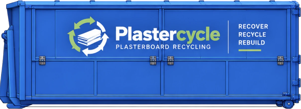 Side view of the blue Plastercycle bin with its loading panels shut